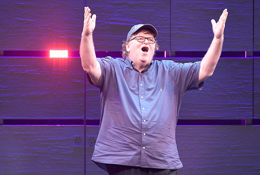 NEW YORK, NY - AUGUST 10:  Michael Moore speaks onstage during "The Terms Of My Surrender" Broadway Opening Night at Belasco Theatre on August 10, 2017 in New York City.  (Photo by Mike Coppola/Getty Images)