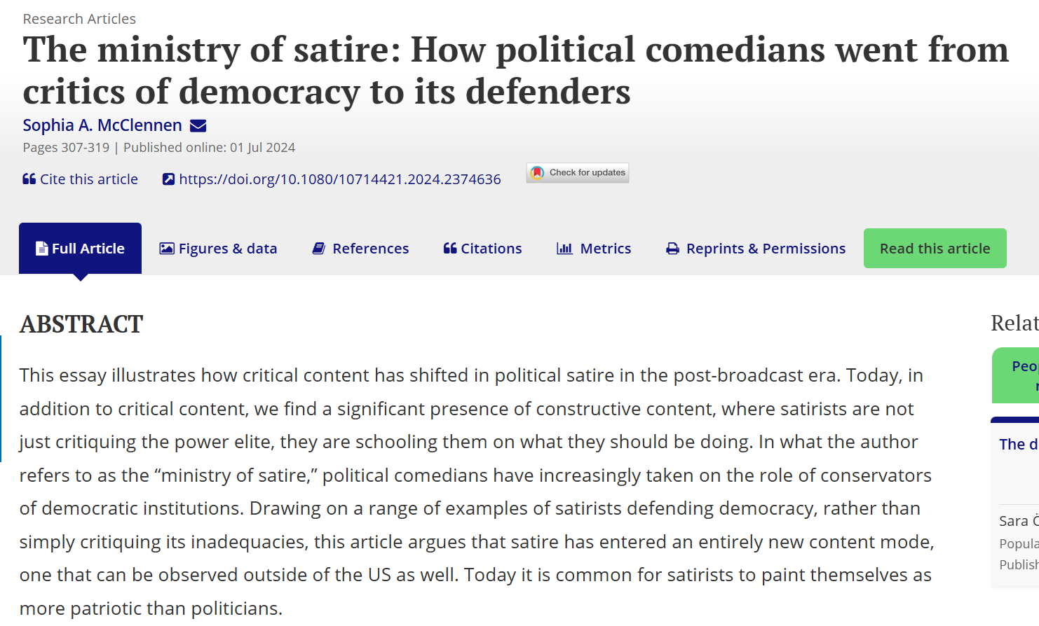 The Ministry of Satire: How Political Comedians Went from Critics of Democracy to Its Defenders